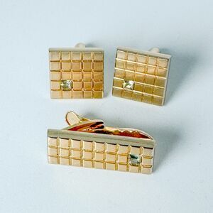 Vintage Gold Tone Cufflinks Tie Clip Set 1970s Glass Stone Wedding Formal Suit